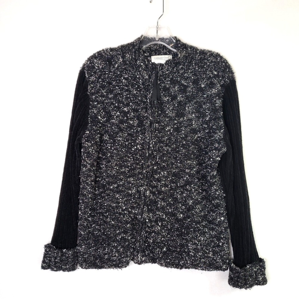 Coldwater Creek Boucle Cardigan Womens Large Black Full Zip Sweater‎ Knit Comfy